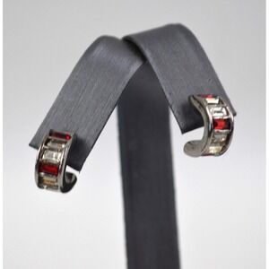 Vintage Silver Tone Pierced Earrings C Hoop with Red and‎ Clear Rhinestones 1/2"
